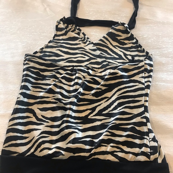 Zebra print silky halter with black wrap neck tie - Picture 2 of 3